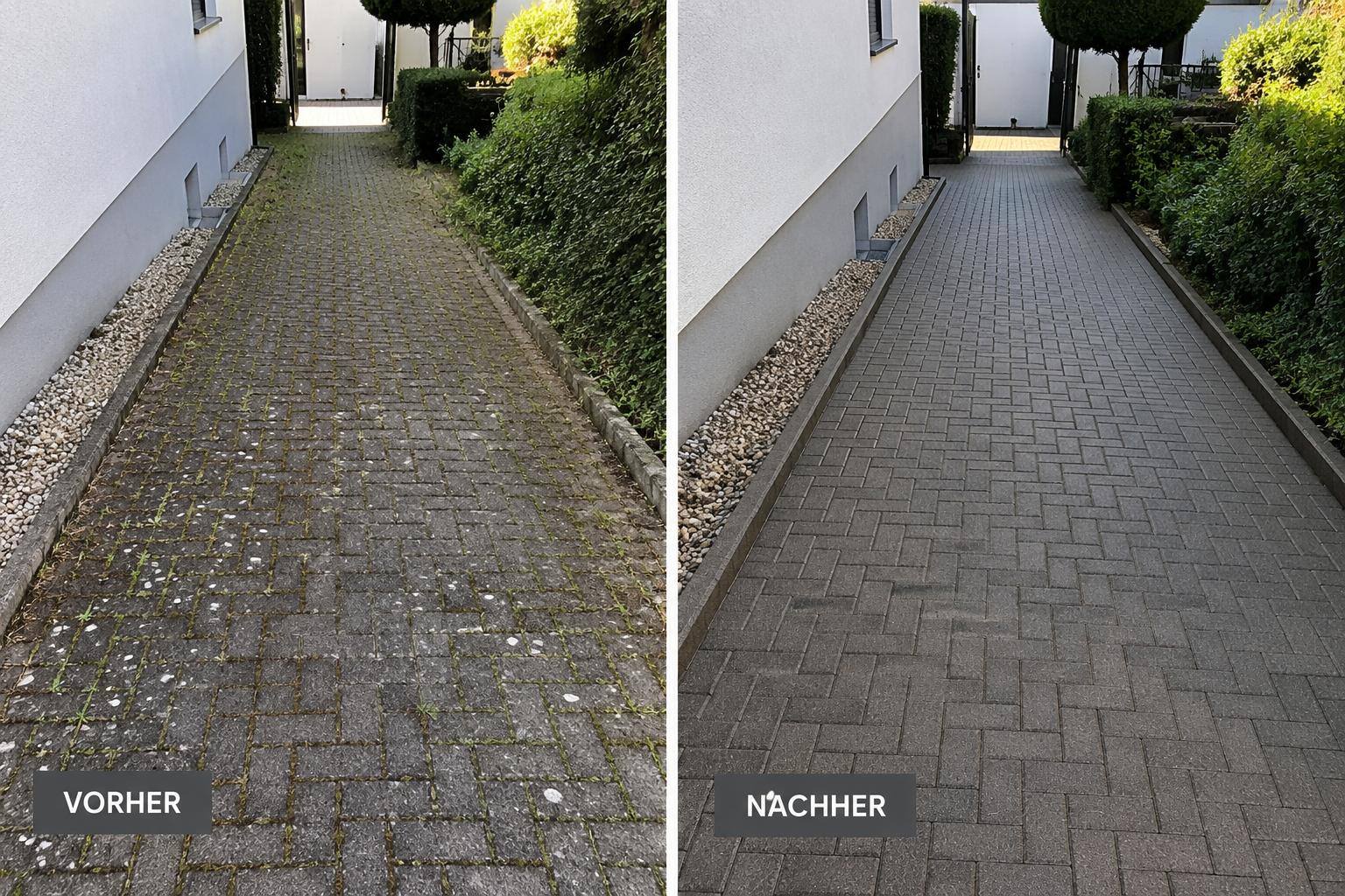 Pflasterreinigung Einfahrt Vorher Nachher – JF Objektservice Kaiserslautern
